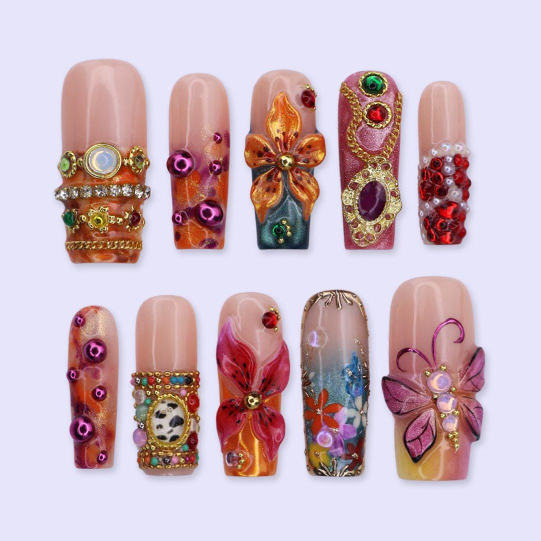 3D Orange Flower and Pink Butterfly Press On Nails With Colorful Gems