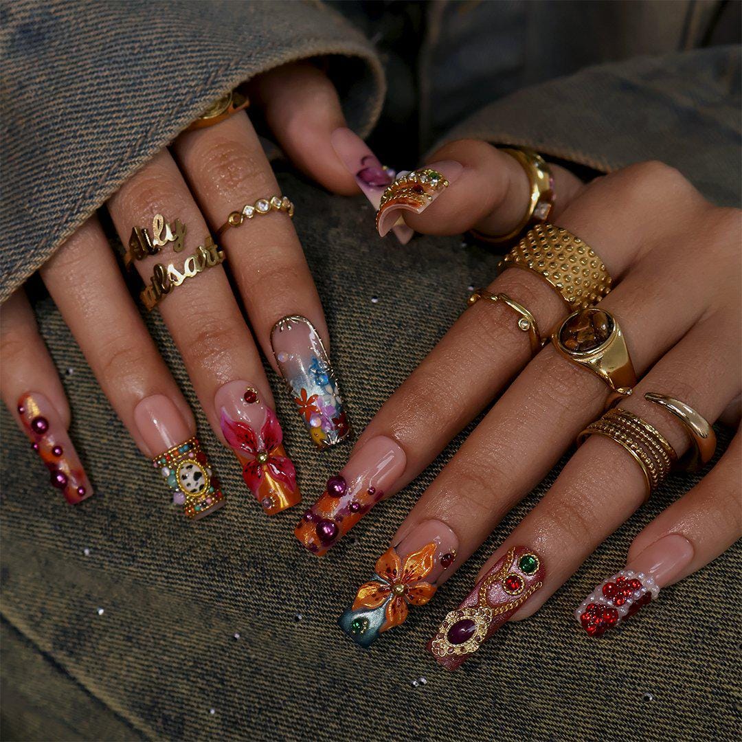3D Orange Flower and Pink Butterfly Press On Nails With Colorful Gems