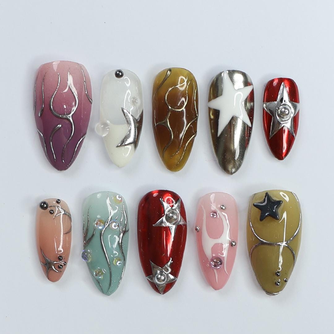 Multicolor Goth Star and Silver Linework Press On Nails