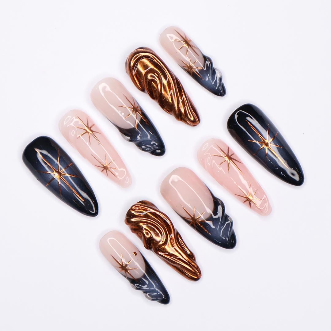 Copper Chrome Starburst and Navy Marble French Tip Nail Set