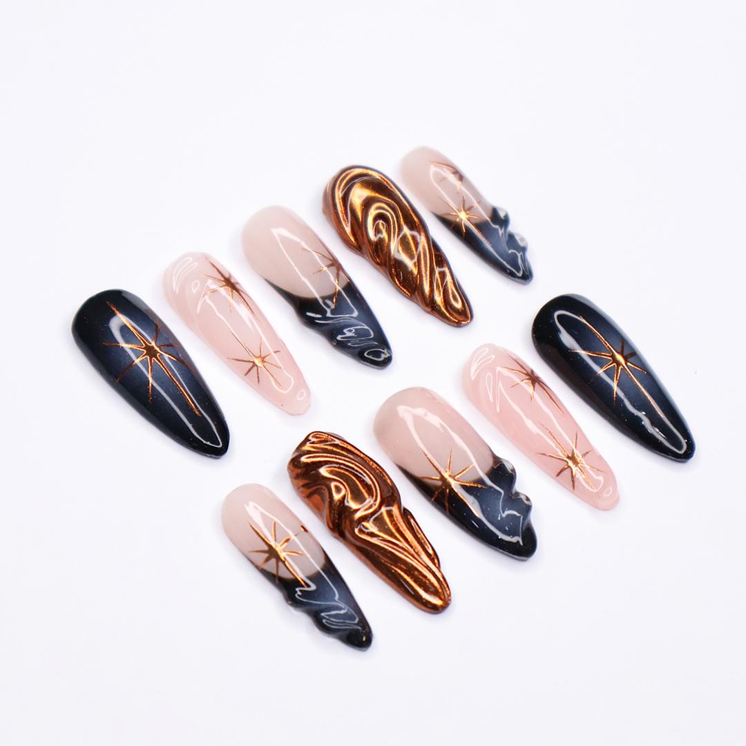 Copper Chrome Starburst and Navy Marble French Tip Nail Set