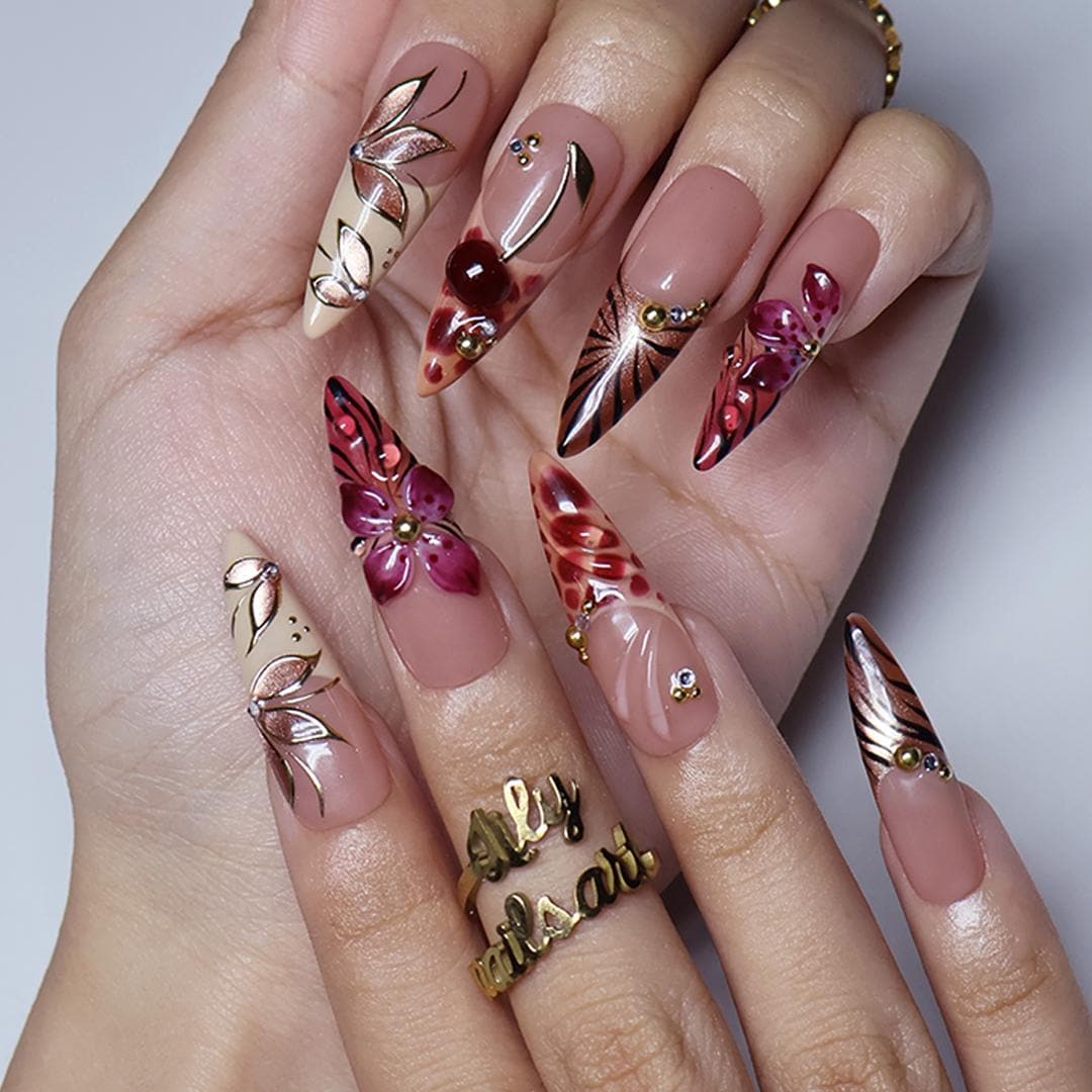 Fall Nude Pink and Burgundy Marble Nails with 3D Flowers, Gold Leaf and Rhinestones