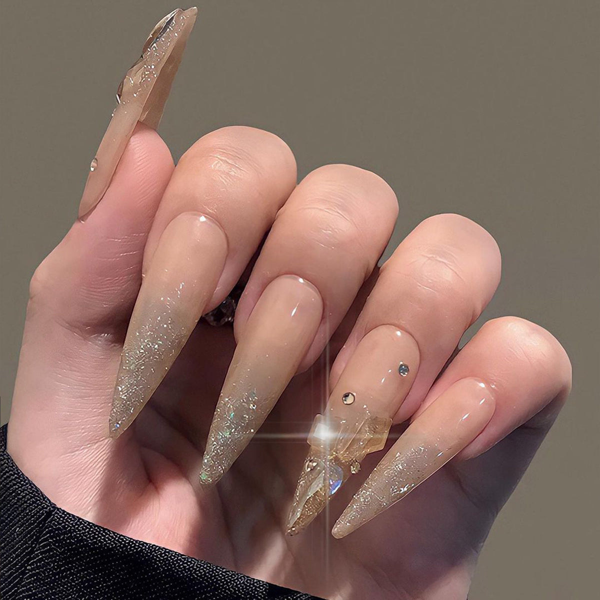 Champagne Gold Glitter and Crystal Wedding Press On Nails