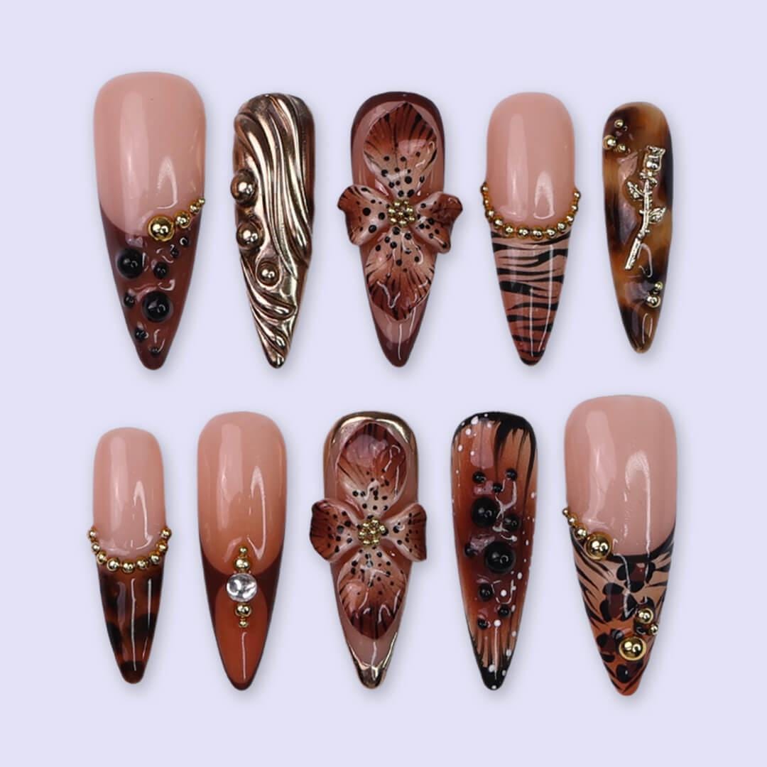 Autumn Animal Print Press On Nails with 3D Brown Flowers and Gold Details