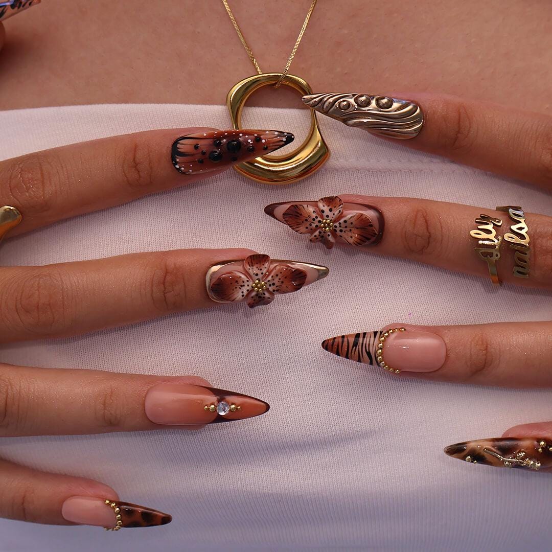 Autumn Animal Print Press On Nails with 3D Brown Flowers and Gold Details