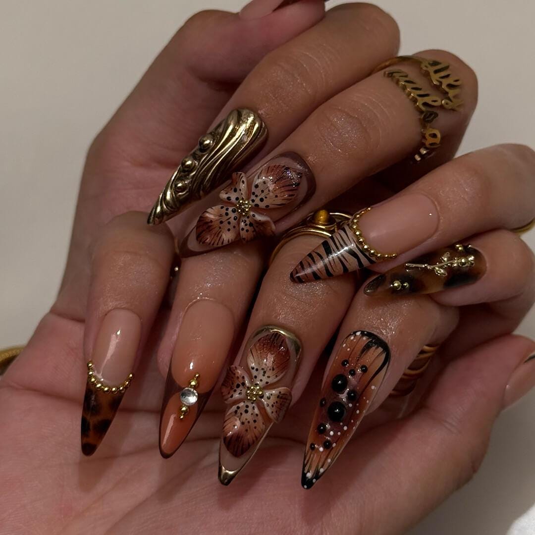 Autumn Animal Print Press On Nails with 3D Brown Flowers and Gold Details