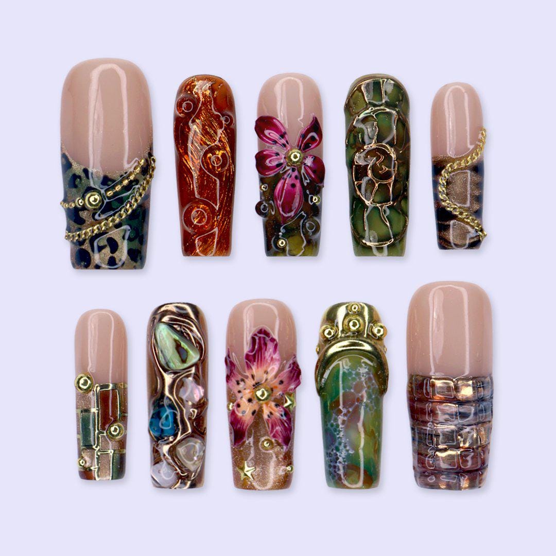 Autumn Olive, Burgundy & Gold 3D Floral Nails With Vintage-Inspired Details