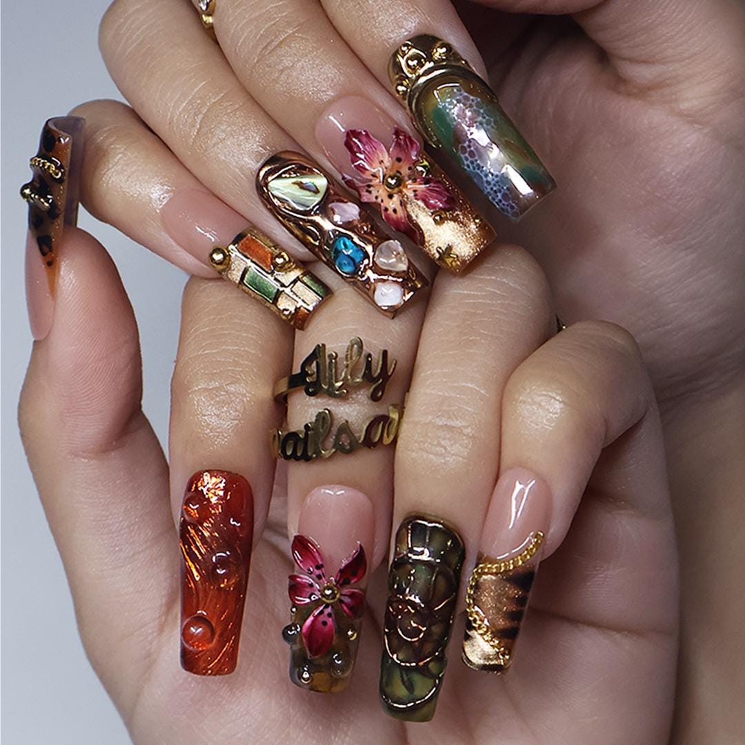 Autumn Olive, Burgundy & Gold 3D Floral Nails With Vintage-Inspired Details