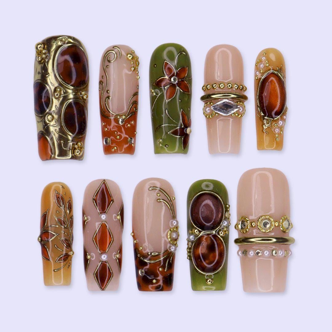 Amber and Olive Vintage Floral Press On Nails with Gold Scrollwork and Jewel Accents