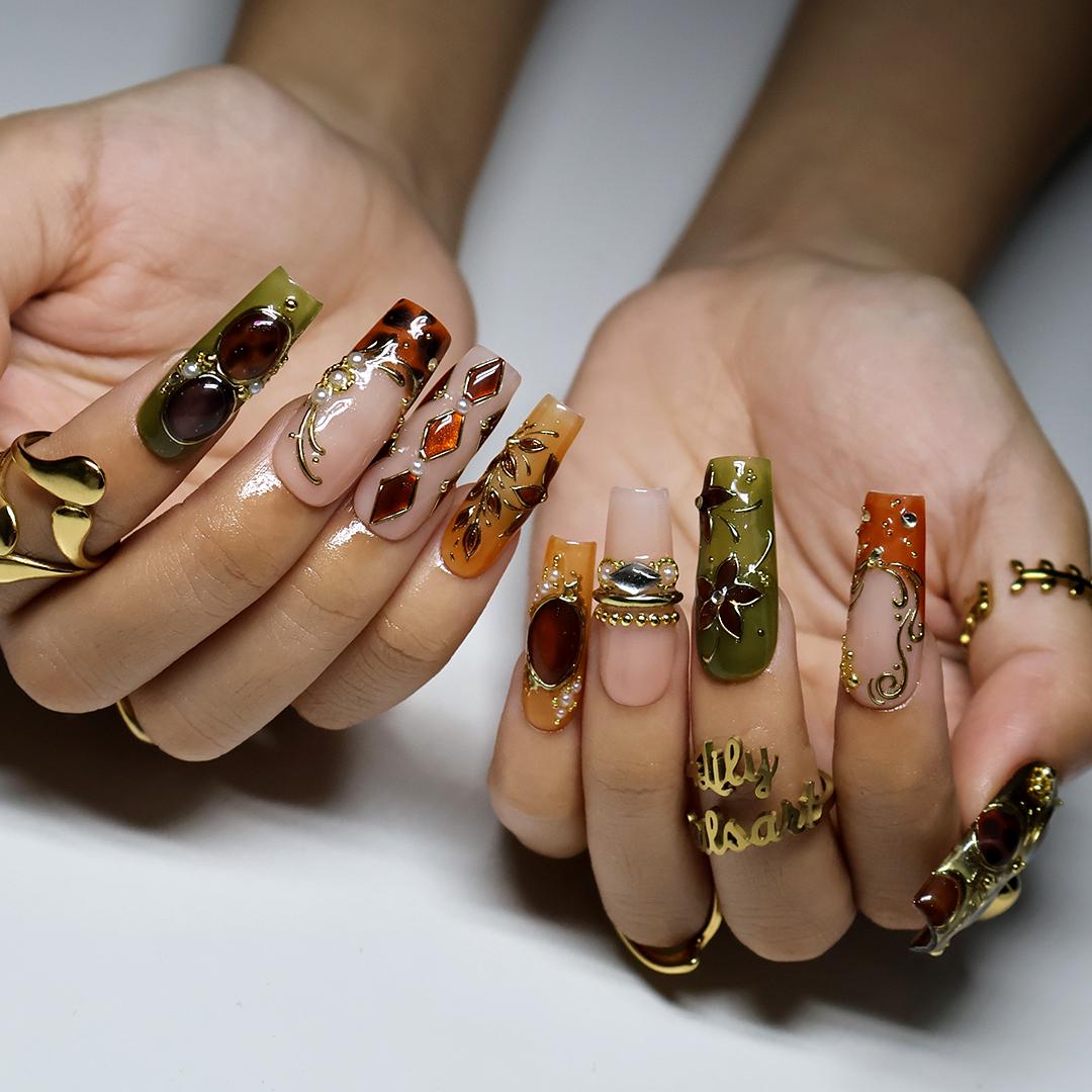 Amber and Olive Vintage Floral Press On Nails with Gold Scrollwork and Jewel Accents