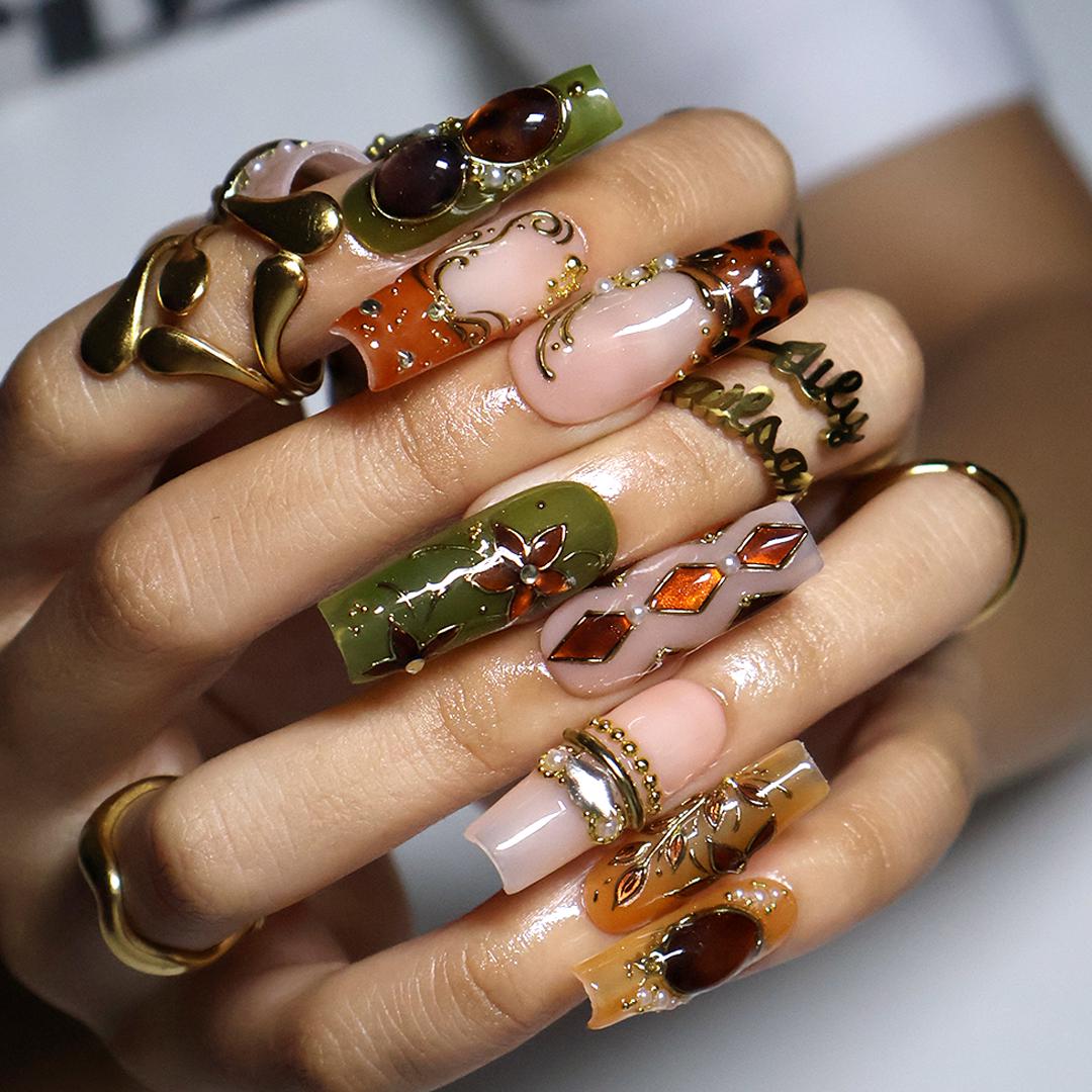 Amber and Olive Vintage Floral Press On Nails with Gold Scrollwork and Jewel Accents
