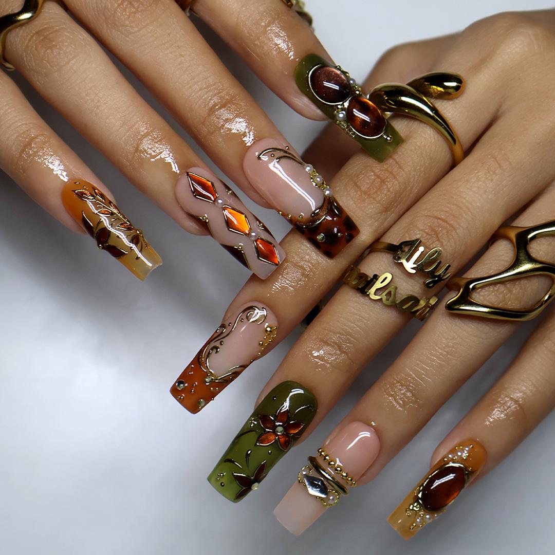 Amber and Olive Vintage Floral Press On Nails with Gold Scrollwork and Jewel Accents