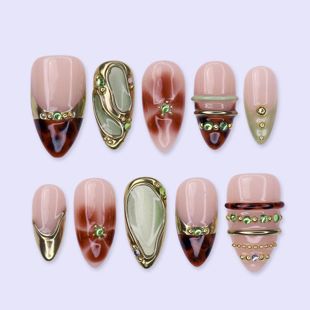 Fall Olive Green and Tortoiseshell Nails with Gold Frames and Gem Accents