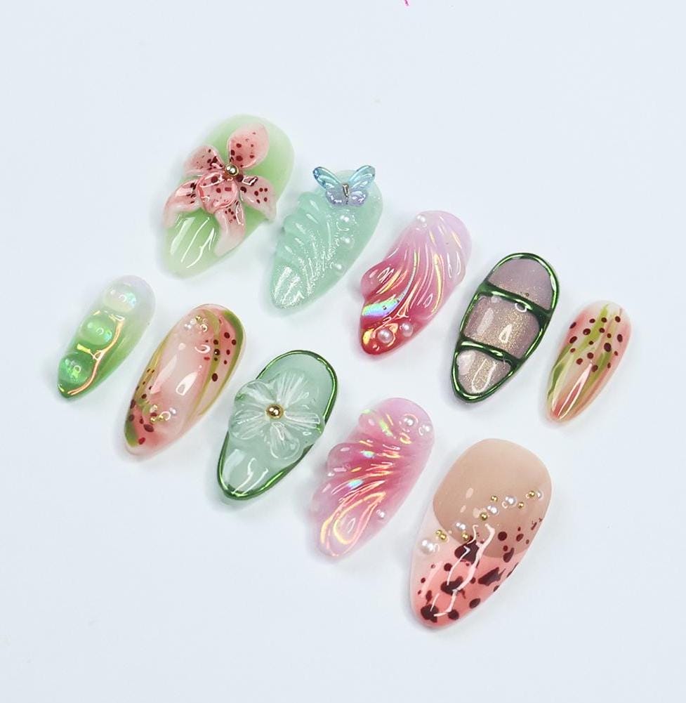 Pastel Floral Leaf Press On Nails With 3D Flowers, Butterfly and Rhinestones