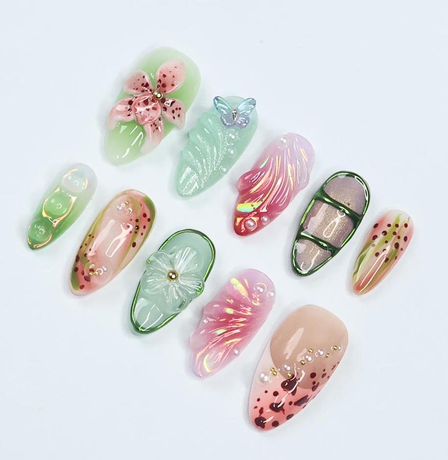 Pastel Floral Leaf Press On Nails With 3D Flowers, Butterfly and Rhinestones