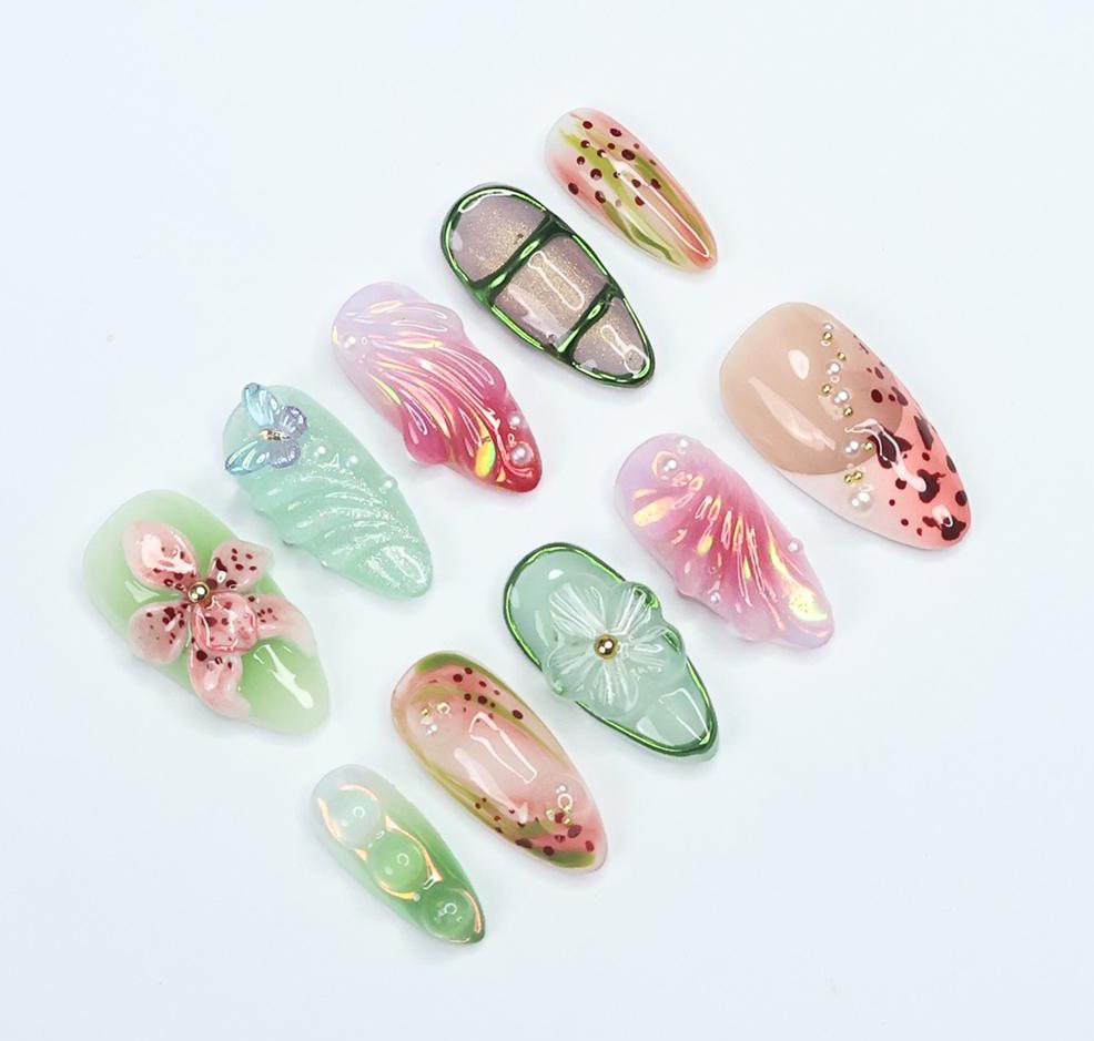 Pastel Floral Leaf Press On Nails With 3D Flowers, Butterfly and Rhinestones