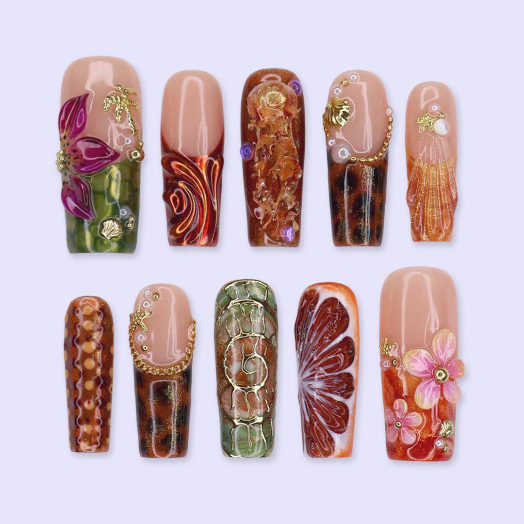 Peach Citrus and Tropical Floral Press On Nails for Vacation and Festivals