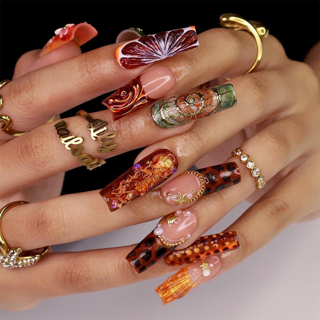 Peach Citrus and Tropical Floral Press On Nails for Vacation and Festivals