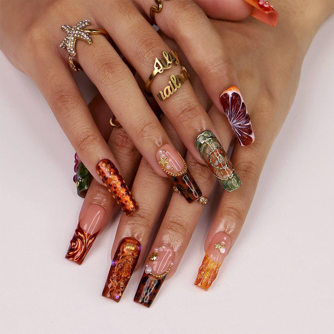 Peach Citrus and Tropical Floral Press On Nails for Vacation and Festivals
