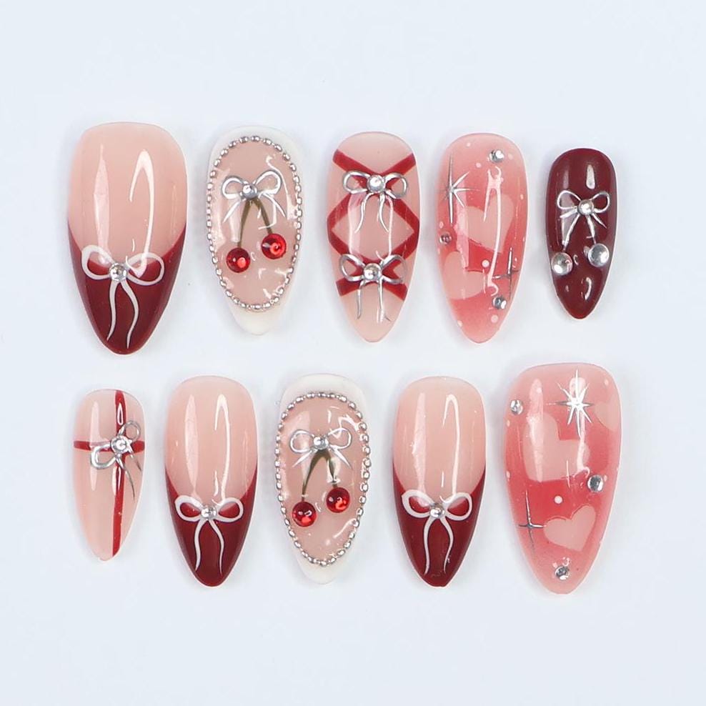 Blush Pink and Burgundy Cherry Nail Set with Silver Bows and Heart Details