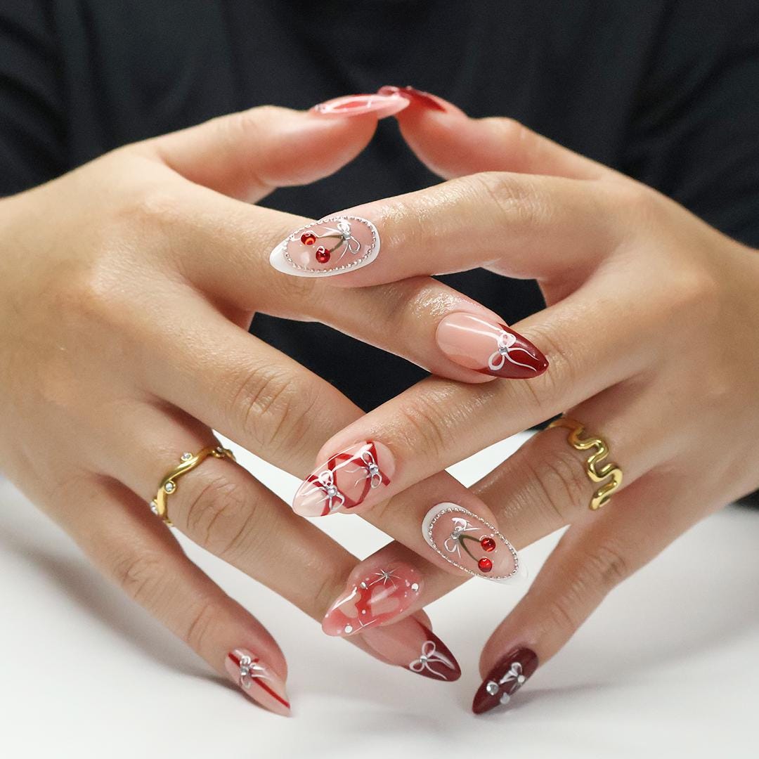 Blush Pink and Burgundy Cherry Nail Set with Silver Bows and Heart Details