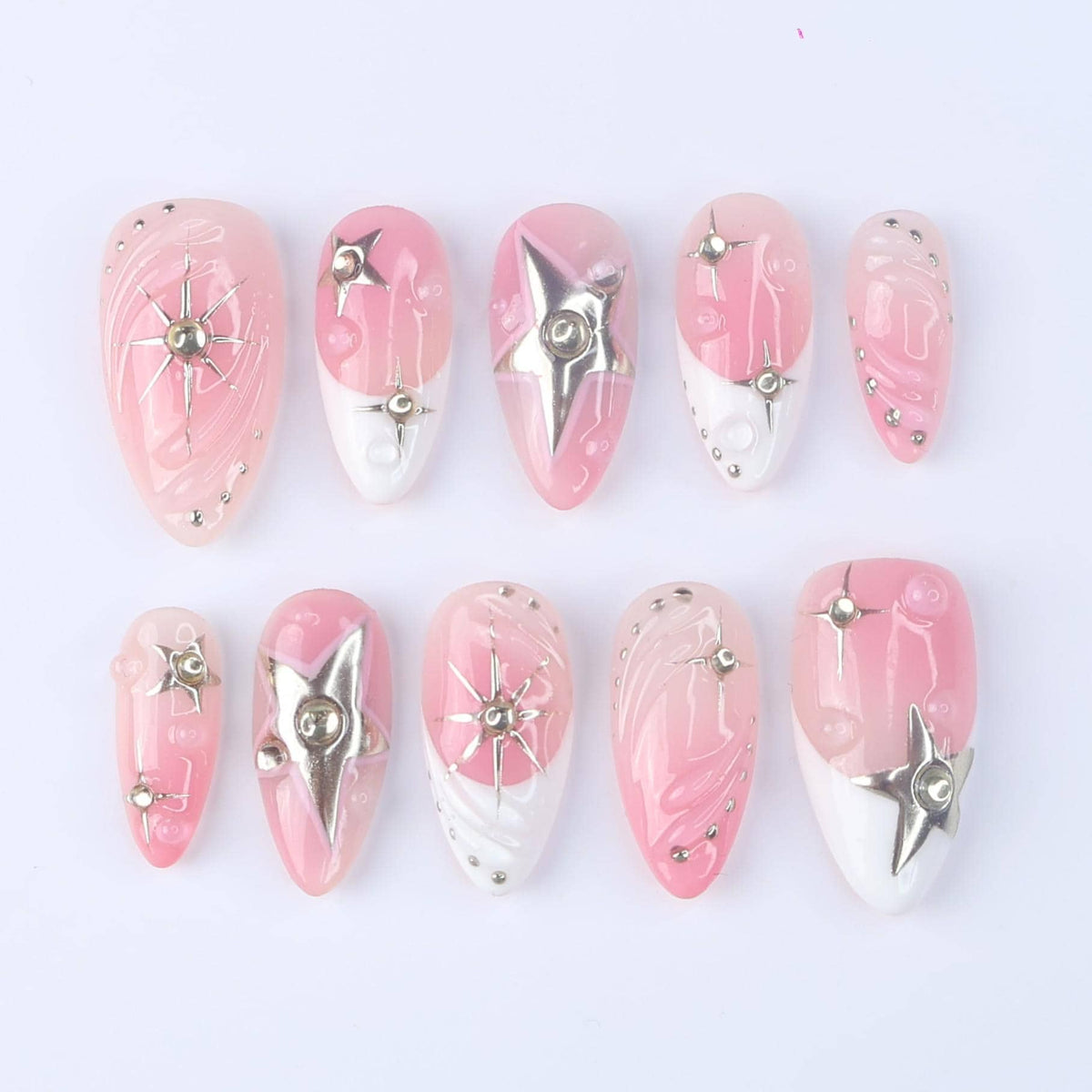 Pink Ombré French Tip Nails With Silver Stars And Shooting Star Details