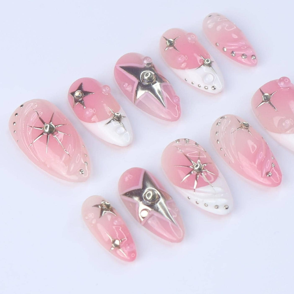 Pink Ombré French Tip Nails With Silver Stars And Shooting Star Details