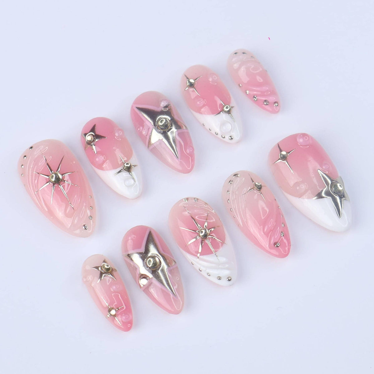 Pink Ombré French Tip Nails With Silver Stars And Shooting Star Details
