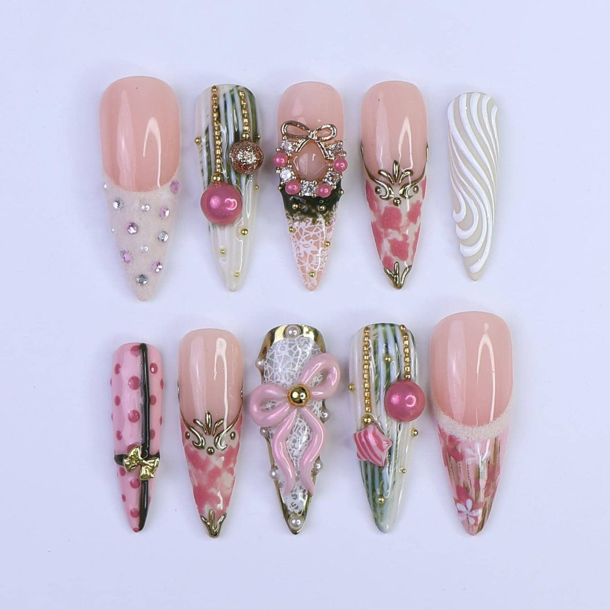 Blush Pink Christmas Nails With 3D Bows, Pearls and Gold Details