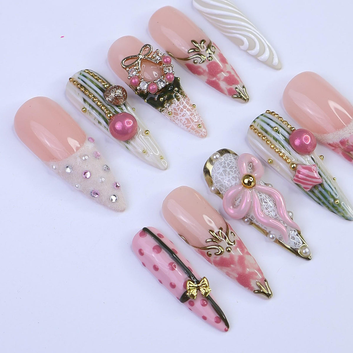 Blush Pink Christmas Nails With 3D Bows, Pearls and Gold Details