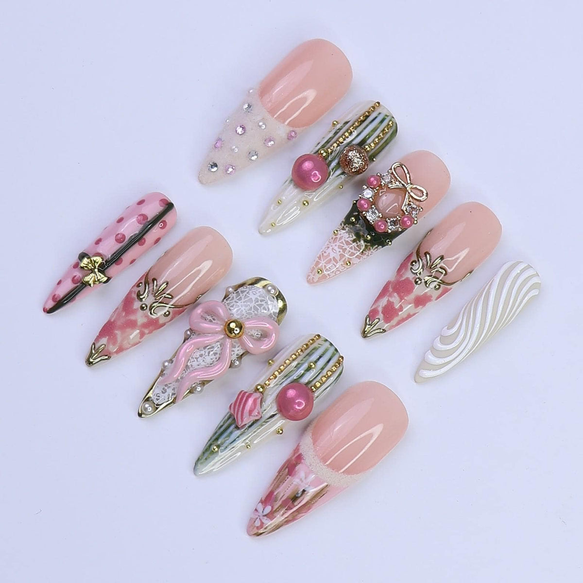 Blush Pink Christmas Nails With 3D Bows, Pearls and Gold Details
