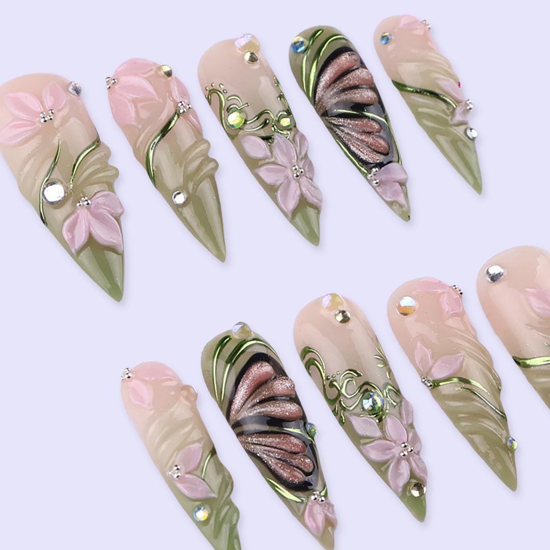 Spring Floral Press On Nails with Nude Pink, Green Swirls and Butterfly Accents