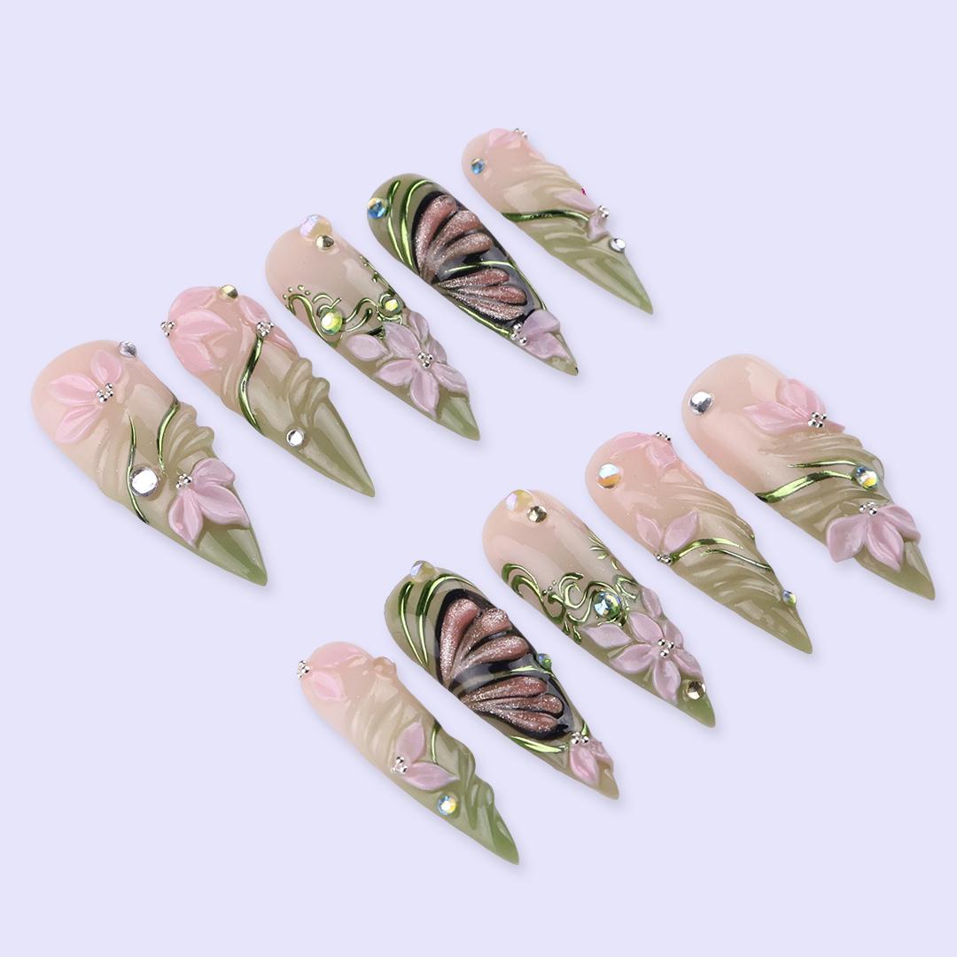 Spring Floral Press On Nails with Nude Pink, Green Swirls and Butterfly Accents