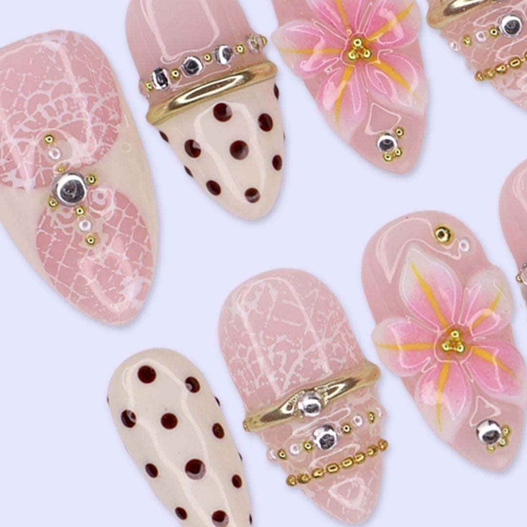 Coquette Spring & Summer Blush Pink Lace Floral Press On Nails With Burgundy Polka Dots and Gold Chrome