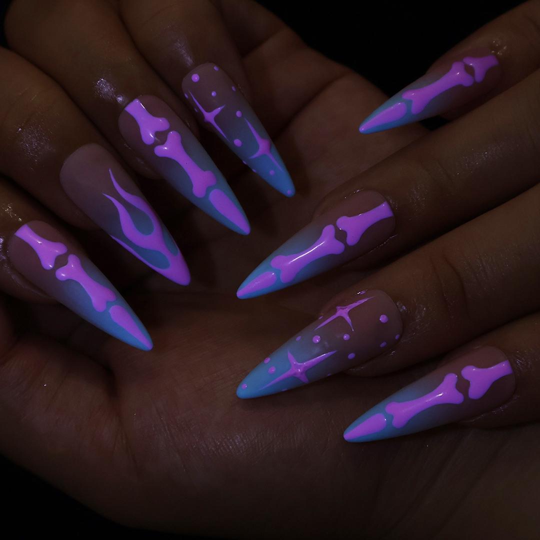Halloween Pink Skeleton Bones and Stars on Nude Pink to Blue Ombré Nails