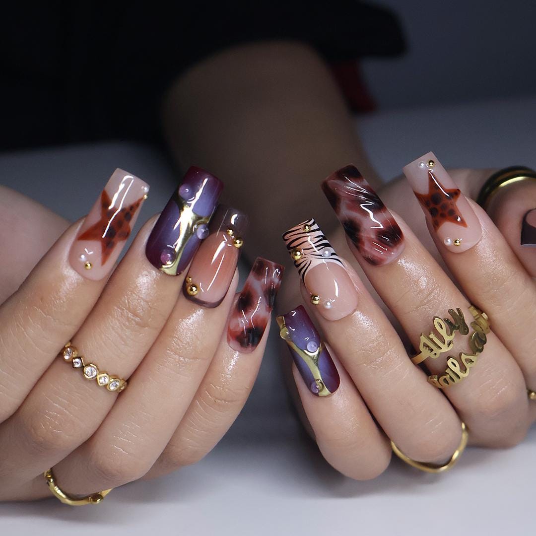 Fall Plum and Brown Animal Print Press On Nails with Gold Accents