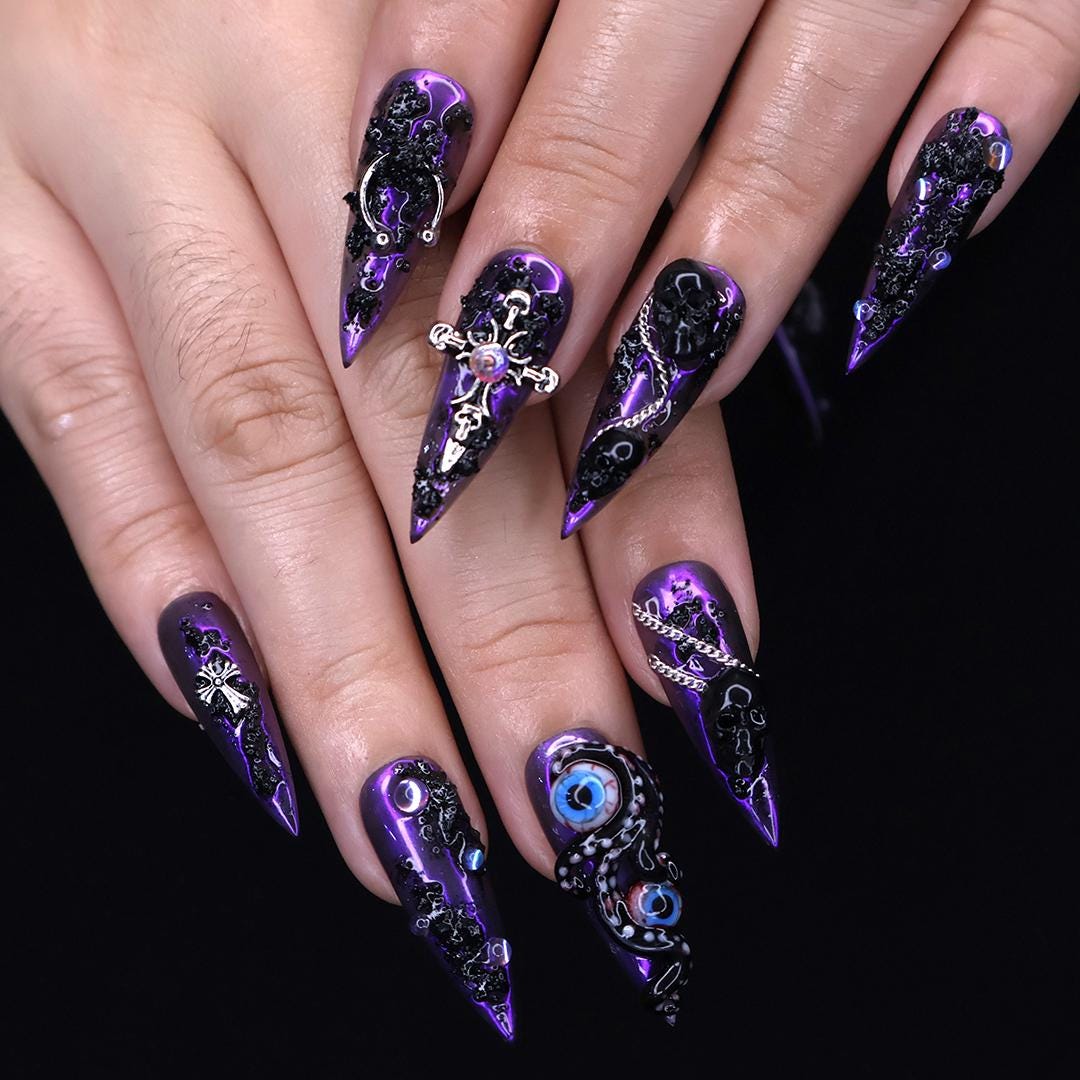 Purple and Black Tentacle Eye Halloween Press-On Nail Set With Cross Charm