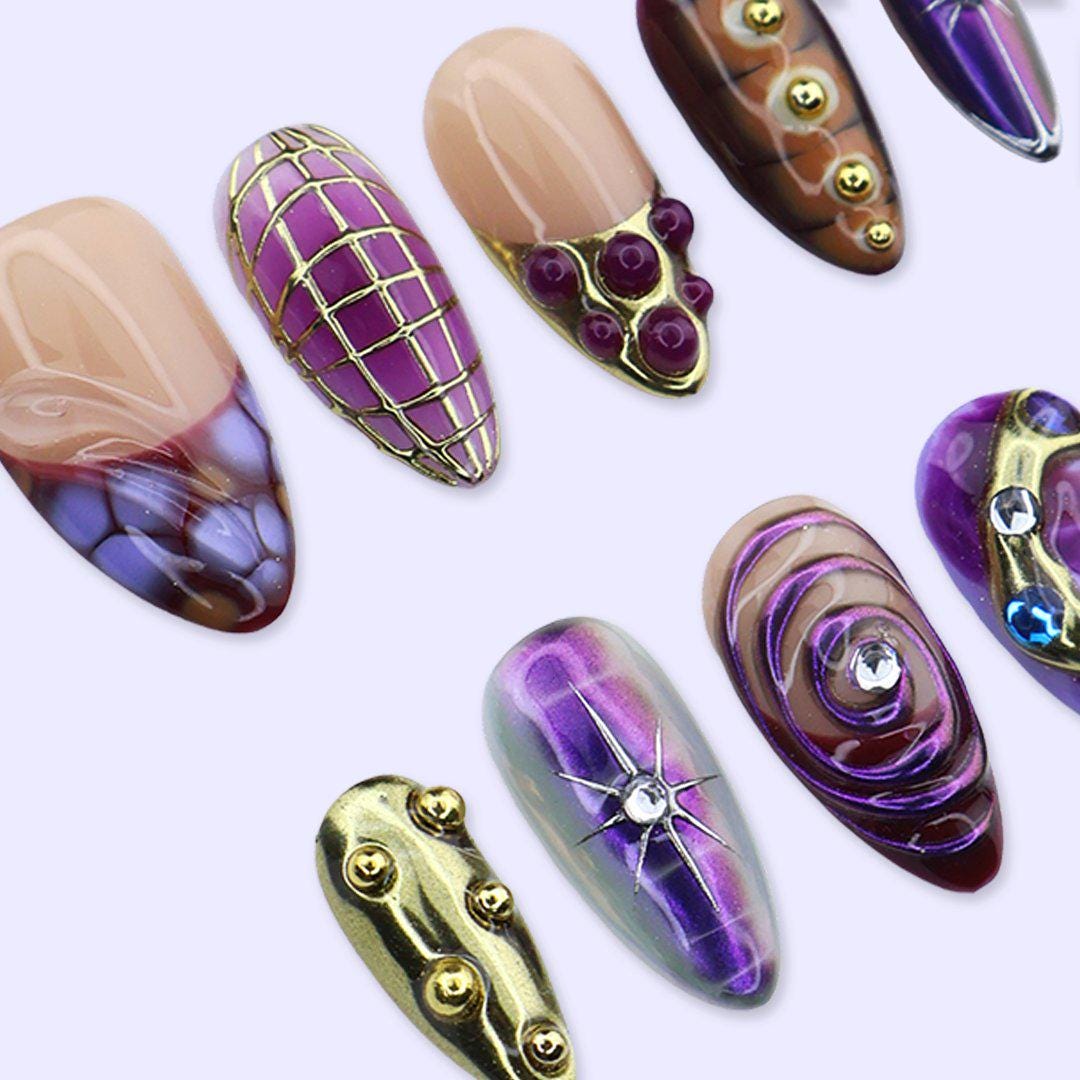Y2K Purple and Burgundy Chrome Nails with Gold Grids, Swirls and Gem Accents