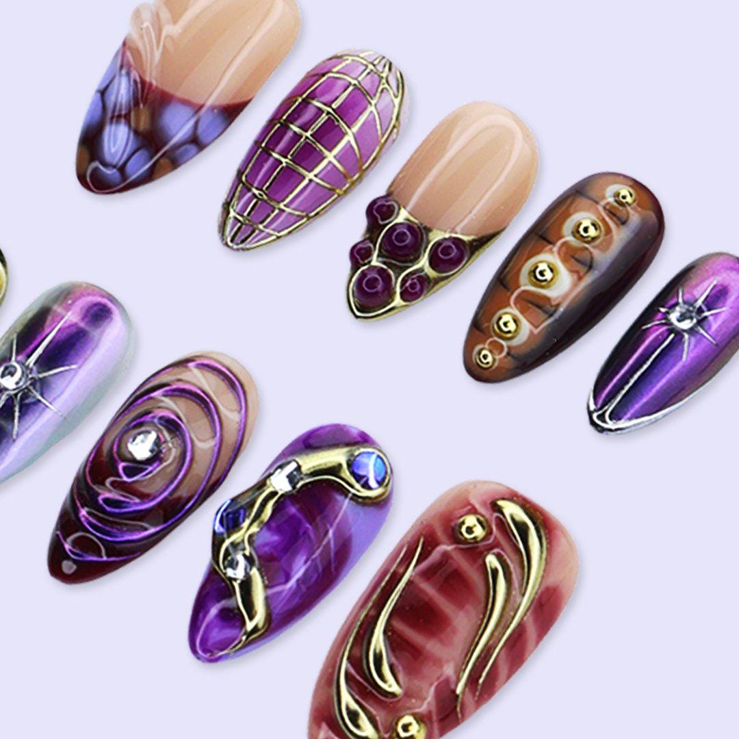 Y2K Purple and Burgundy Chrome Nails with Gold Grids, Swirls and Gem Accents
