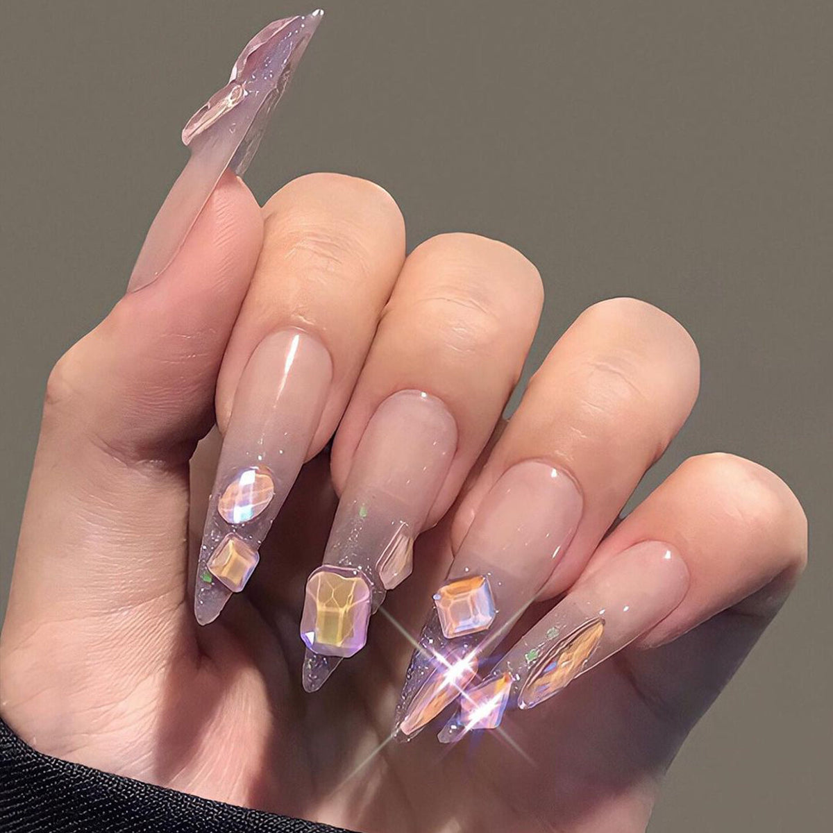 Sheer Pink Lavender Glitter Press On Nails With Iridescent Crystal Charms for Birthdays