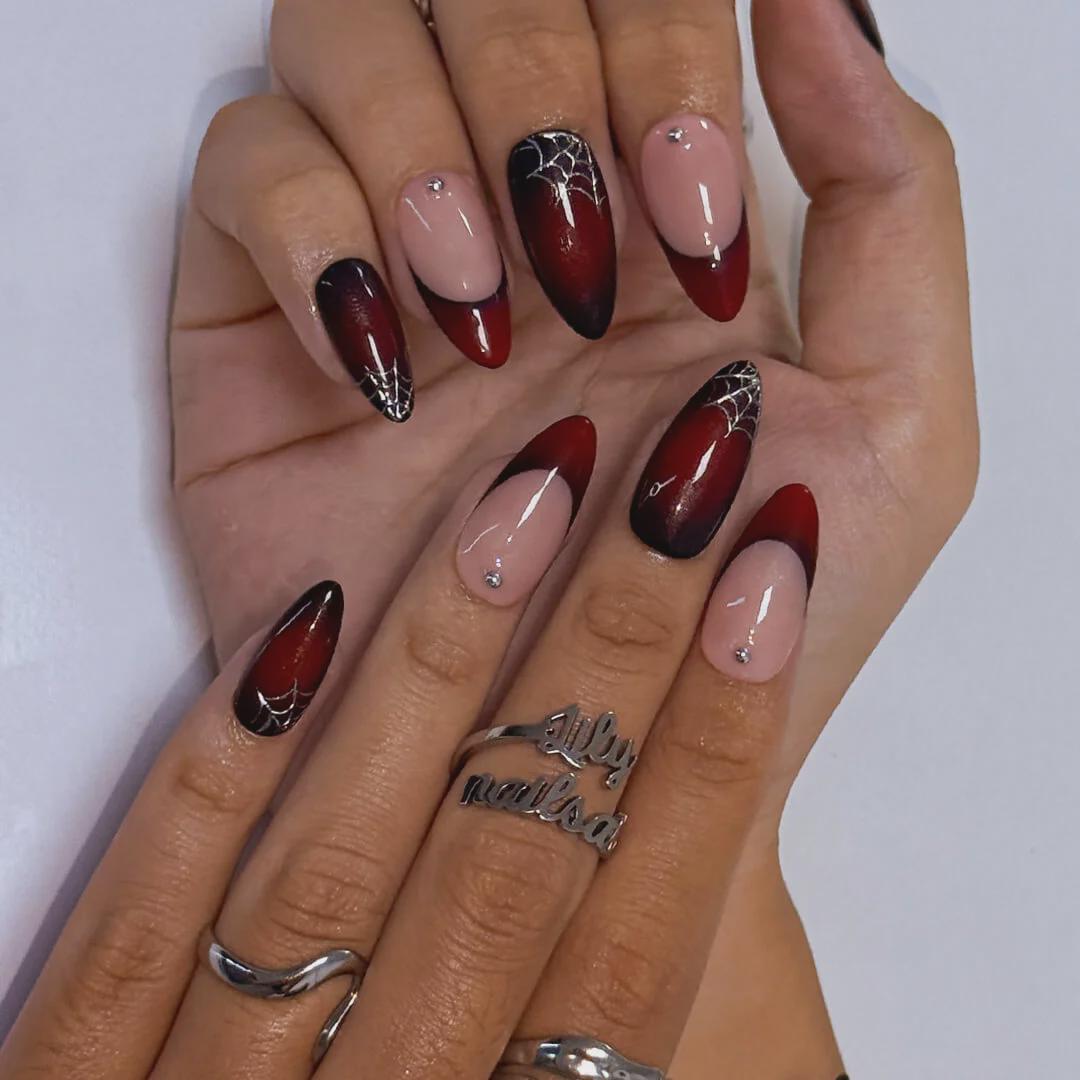 Halloween Spiderweb Nails With Red Ombre, Silver Webs & Rhinestone Accents