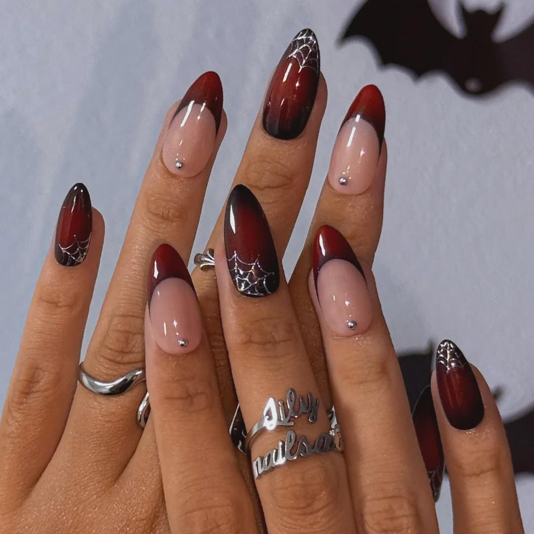 Halloween Spiderweb Nails With Red Ombre, Silver Webs & Rhinestone Accents