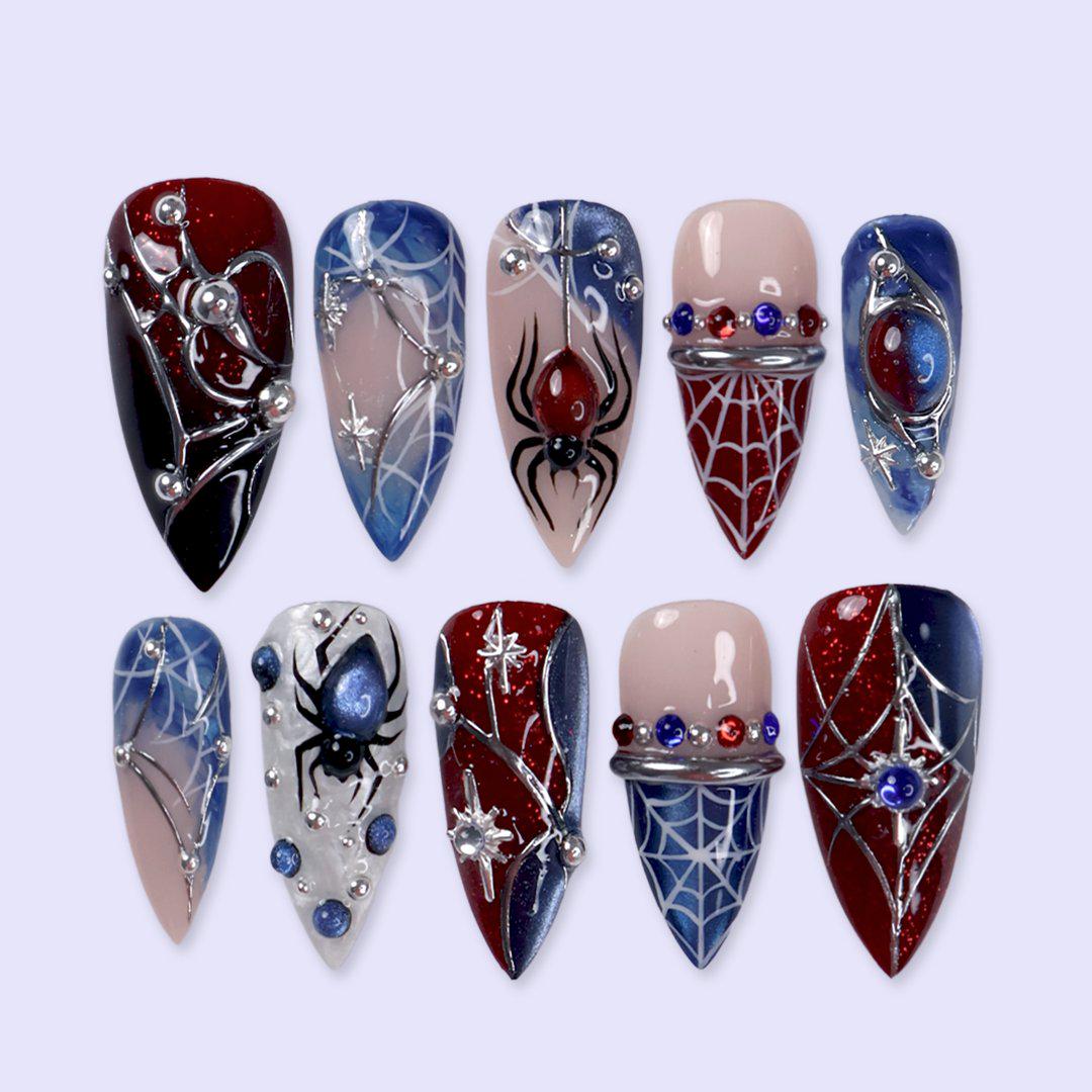 Red, Navy, and Nude Spiderweb Halloween Nail Set With 3D Spiders