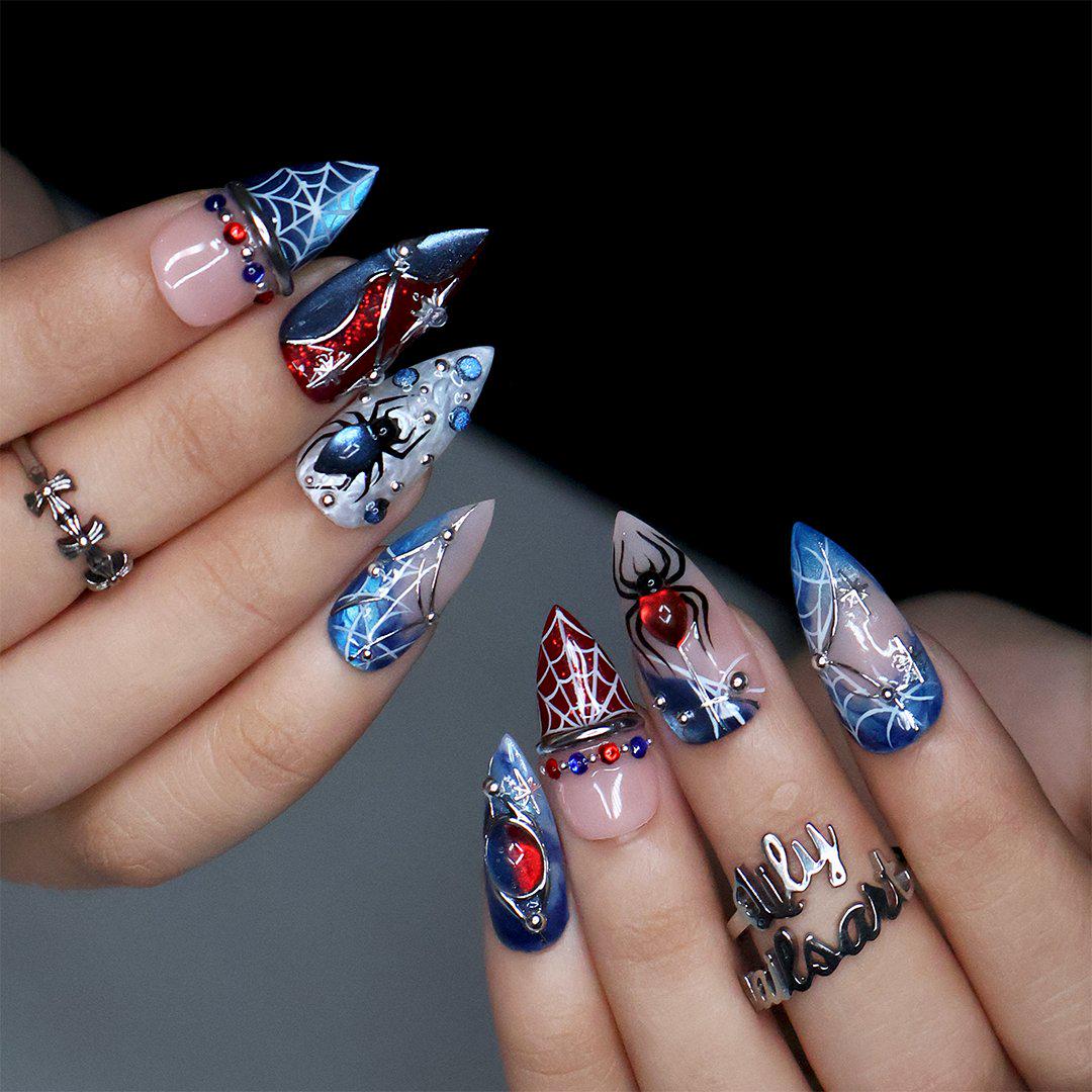 Red, Navy, and Nude Spiderweb Halloween Nail Set With 3D Spiders