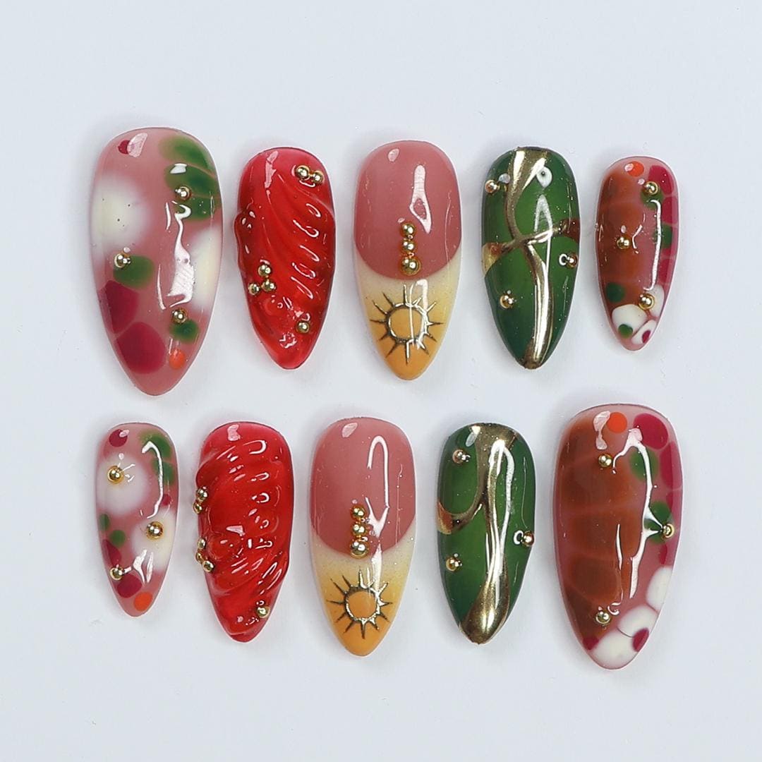 Holiday Red, Green & Blush Pink Nail Set With Gold Sun Details