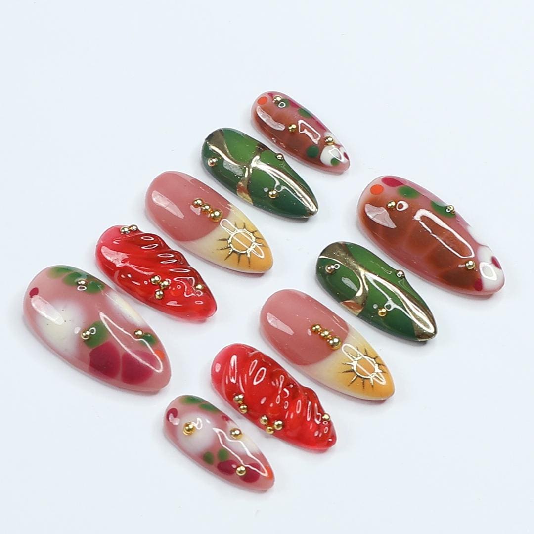 Holiday Red, Green & Blush Pink Nail Set With Gold Sun Details