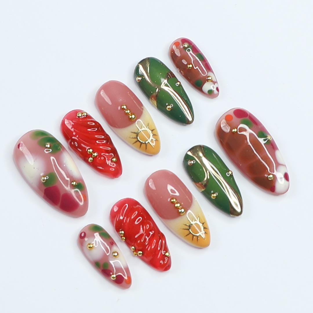Holiday Red, Green & Blush Pink Nail Set With Gold Sun Details