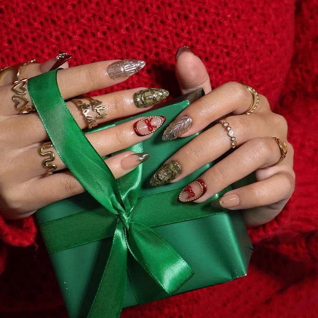 Christmas Press On Nails with Red and Olive French Tips, Silver Chrome and Raised Tree Details