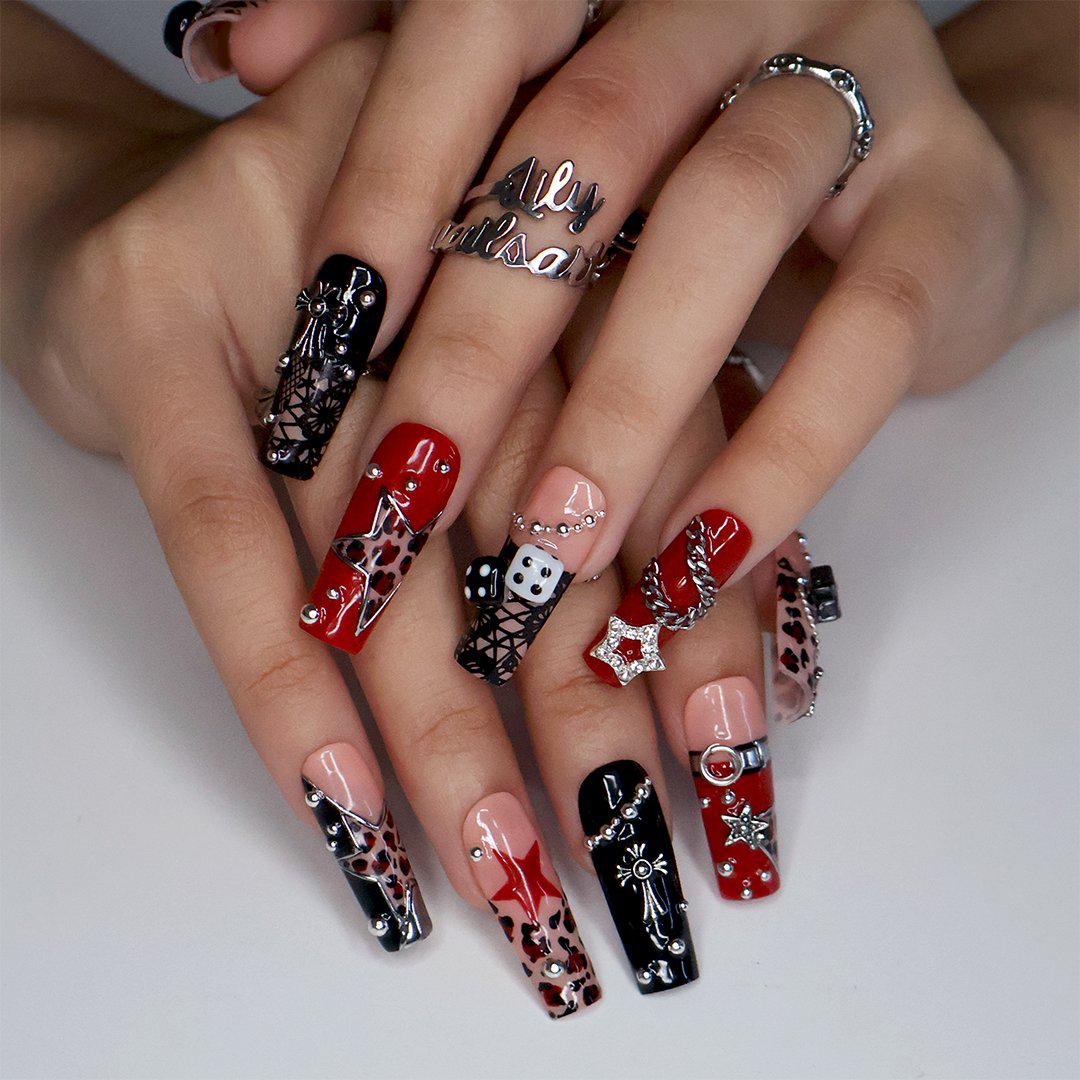 Red, Black & Leopard Print Gothic Nails With Chains, Dice and Star Charms