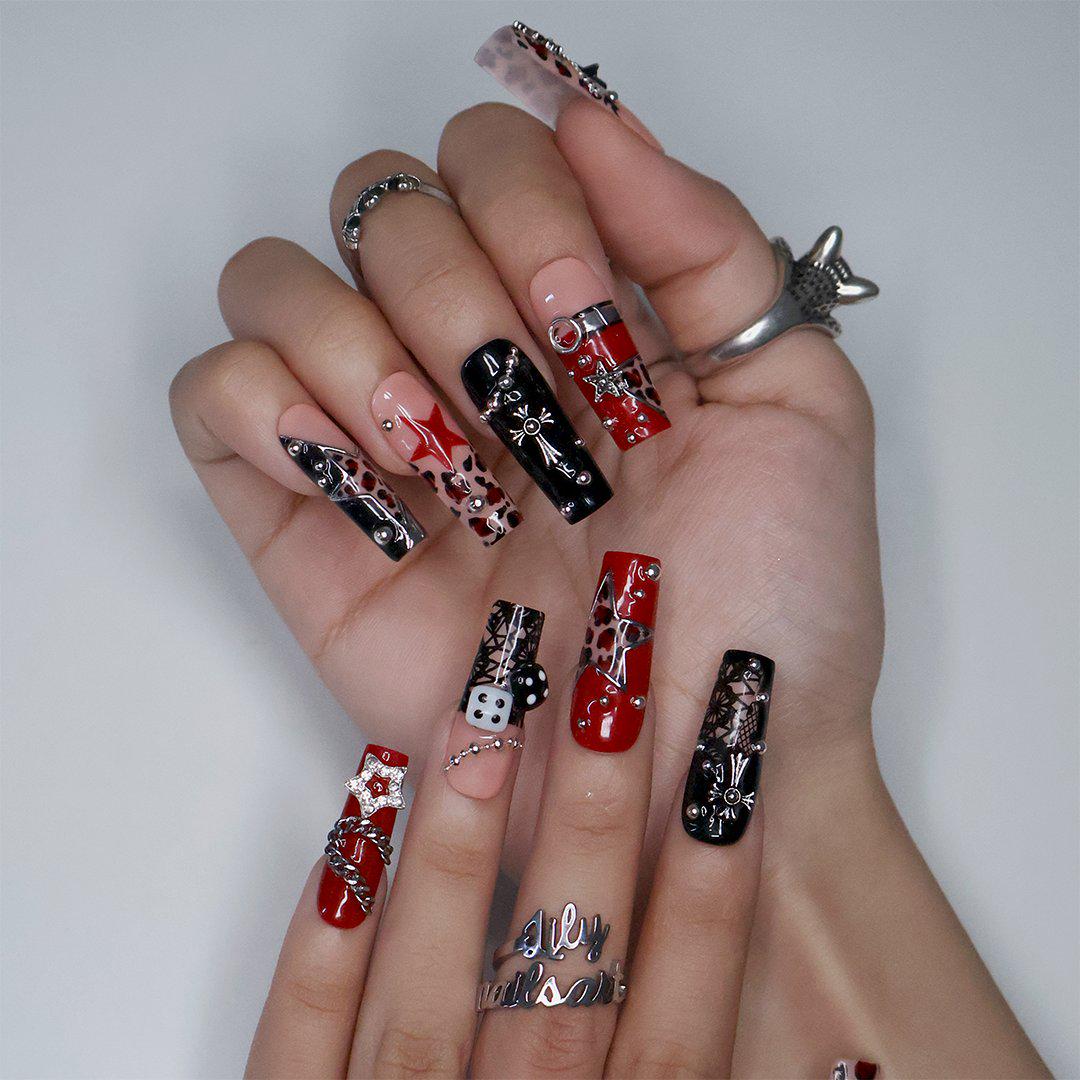 Red, Black & Leopard Print Gothic Nails With Chains, Dice and Star Charms